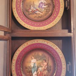 Set of 2 Vintage Rembrandt Czechoslovakia Verney Porcelain 11" Plates, Hand-painted, in a 26.5"H x 13.5"W x 3.5"D Hanging Wall Art Cabinet.