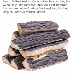 Barton 8-Piece Realistic Ceramic Fireplace Log Set, Ash Wood Style Fake Firewood, Stackable Heat-Resistant Gas Logs for Indoor Outdoor Gas Fireplaces,