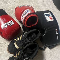 Boxing gloves, shoes, and guard