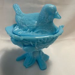 Vintage Westmoreland Blue Slag Glass Bird On A Nest
