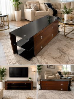 Modern TV Stand / Entertainment Center – Black Glass & Wood