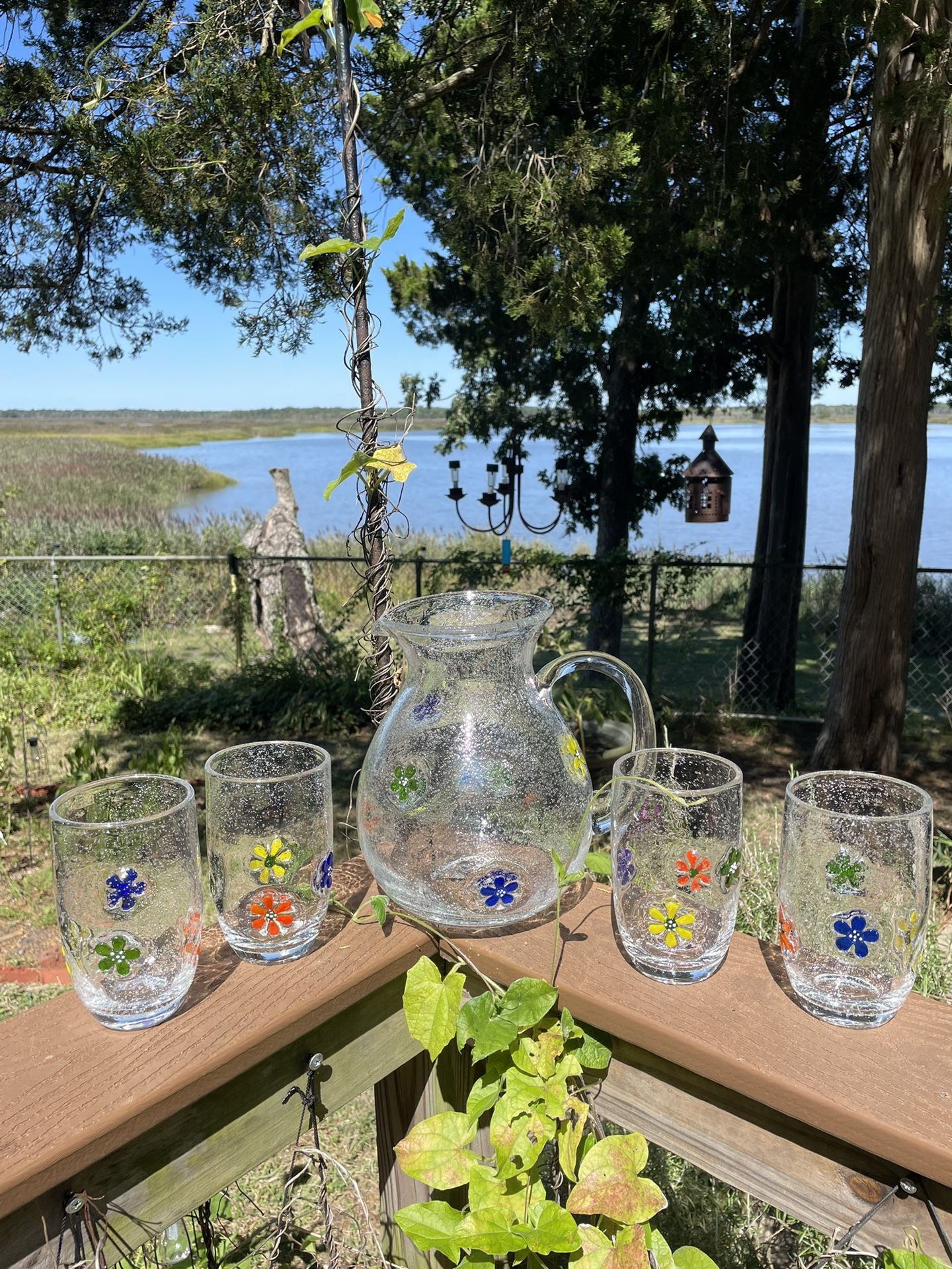 Glass Blown Pitcher And Glasses