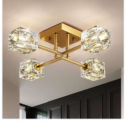 Gold Modern Sputnik Chandelier Ceiling Light Fixtures,4-Lights Industrial Crystal Semi Flush Mount Ceiling Light for Bedroom Dining Room Hallway Kitch