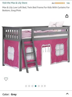 Max & Lily Twin Low Loft Bed – Solid Wood + Pink Playhouse Curtains, Mattress & Pillow Included