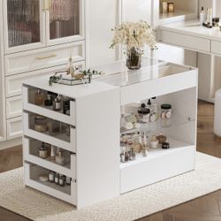 Closet Island with Glass Top & 8 Drawers for Walk in Closet, Jewelry Display Cabinet Island with Glass Shelf, for Store Dressing Room Shop, White