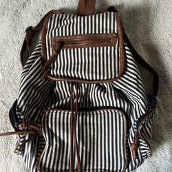 Vintage American Eagle Backpack Blue White Striped & Brown Leather