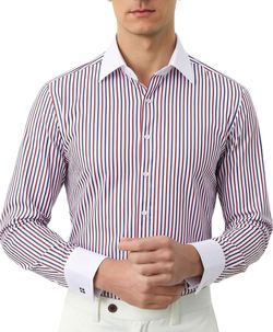 New - Men's Long Sleeve Striped Dress Shirt, Contrast White Spread Collar & French Cuffs