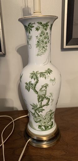 Vintage Green White Bird Chinoiserie Lamp Floral Butterfly