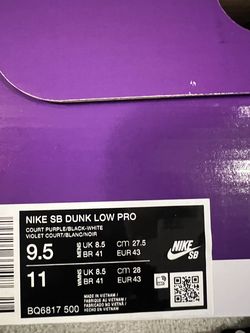 NIKE SB DUNK LOW PRO COURT PURPLE/BLACK-WHITE VIOLET COURT/BLANC/NOIR 9.5
