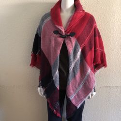 Red Plaid Blanket Style Poncho