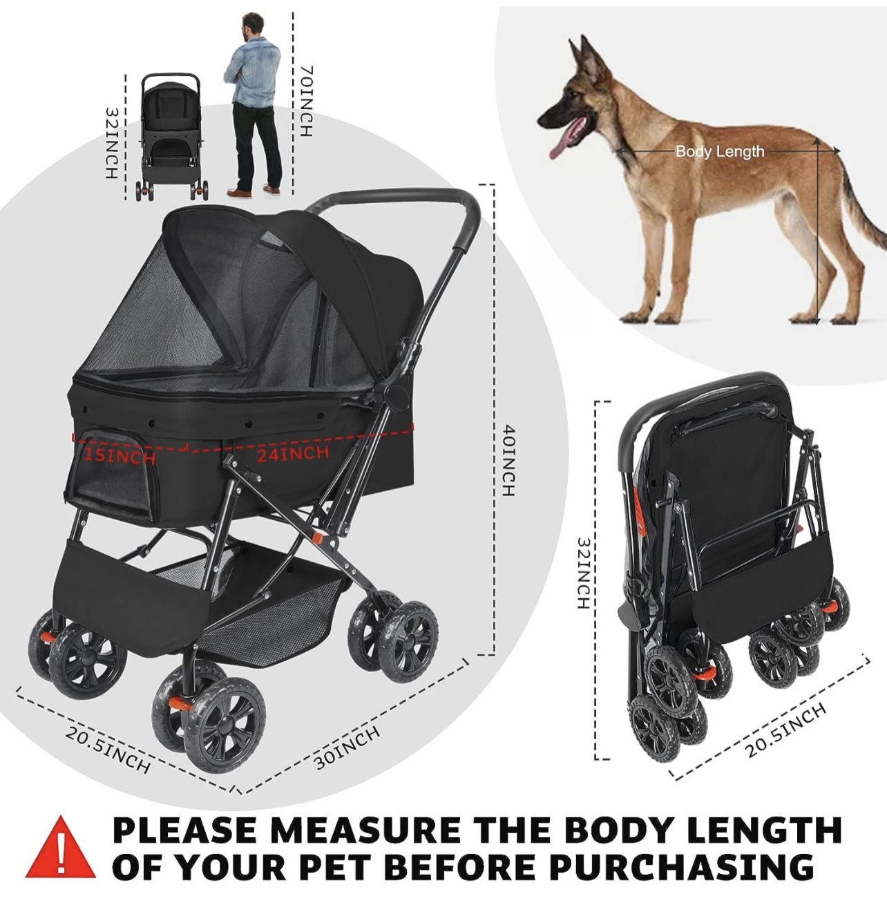 Pet Stroller - Dog Strollers for Medium Dogs and Cats with Reversible Handle, Easy to Walking Dog Stroller 360 Rotating Front Puppy Stroller for Small