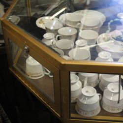 Antique Oak Glass Jewelry Display Case – Hexagonal Showcase