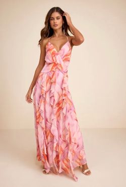 Medium Lulus  Lilac and Orange Abstract Surplice Ruffled Maxi Dress