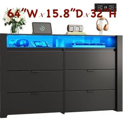 βοΈ 6 Drawer LED Dresser(64βWΓ15.8βDΓ32βH) for Bedroom, Black Wood Dresser Storage Organizer with Power Outlets Dressers with Open Shelves