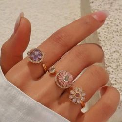 Adjustable Anxiety Relief Rotating Women's Ring, Copper Micro-Inlaid Cubic Zirconia Ring, Personalized Fashion Open-Ended Ring, Color-Preserving 