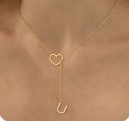 U Initial Heart Necklace for Women 14k Gold Plated Cubic Zirconia Letter Pendant Necklace Dainty Necklaces
