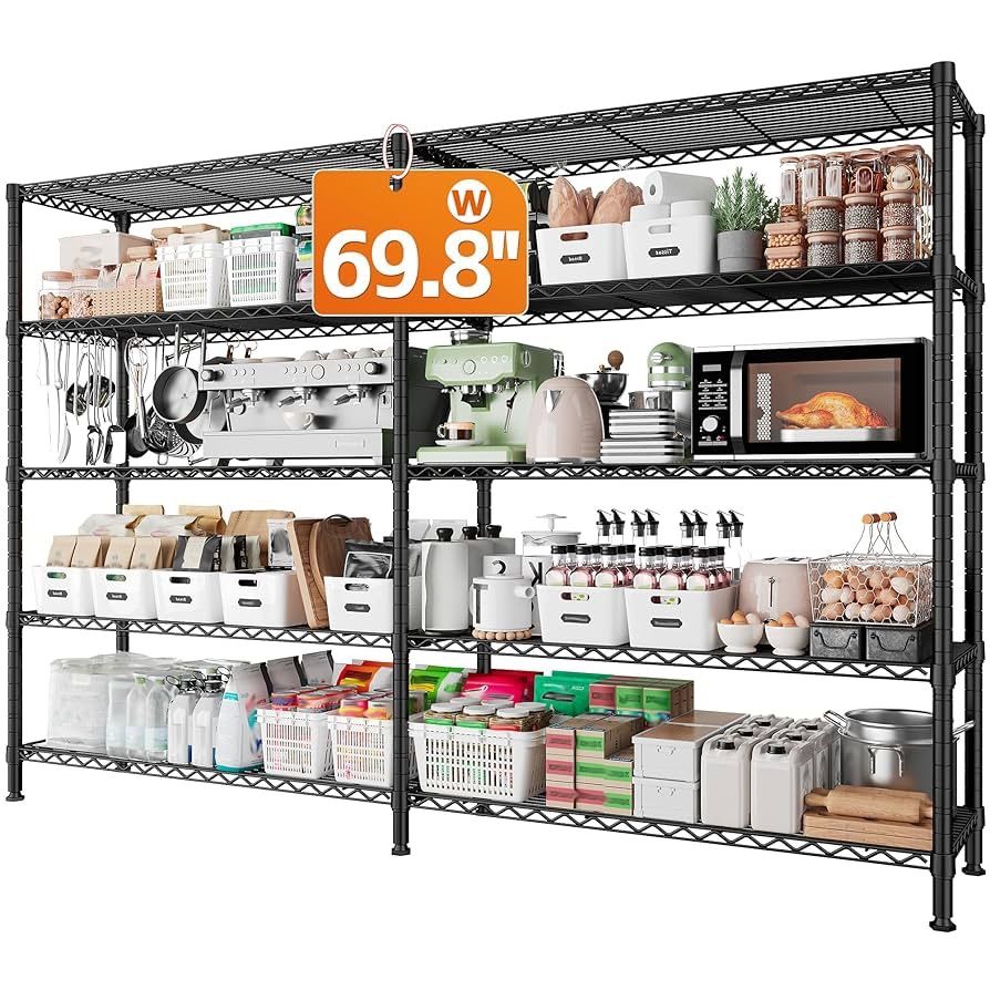 1600LBS Storage Shelves Metal Shelving 5 Tier Wire Shelving Unit, 69.8" W Pantry Shelves Kitchen Shelves Adjustable Wire Shelf for Garage Storage Shel