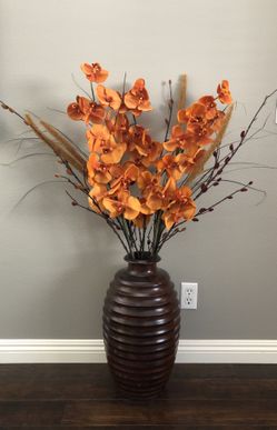 Wooden vase with decorative flowers - wooden vase size 21” hight opening 4” diameter