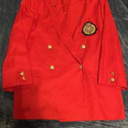 Vintage Rafaella Double Breasted Blazer Jacket Coat Crest 100% Linen Lined Red with Gold Buttons, Size 12