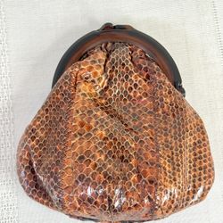 Vintage 1940s Brown Snakeskin Clutch or Coin Purse, Bakelite Top, Made in Italy