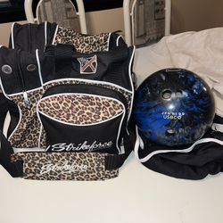 Brunswick T-Zone 12lb Bowling Ball Black/Blue + Leopard Print Carrying Case