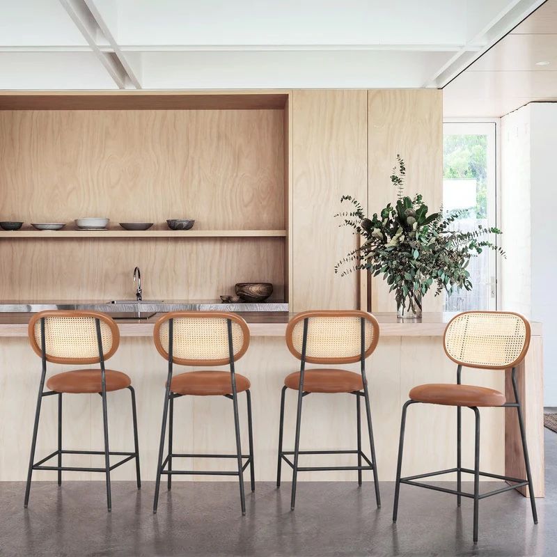 BRAND NEW LUE BONA Metal Frame Rattan Counter Height Bar Stools With Faux Leather Seat (set of 4)