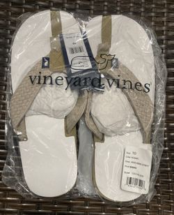 VINEYARD VINES Washed Webbing Leather Flip Flops KHAKI Men’s Size 10