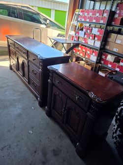 2 Vintage Carved Wood Dresser & Nightstand Set