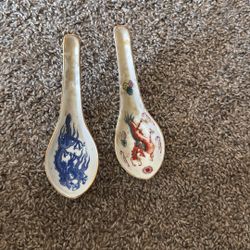 Vintage Chinese Dragon Porcelain Soup Spoons (Set of 2)