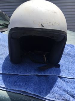 Vintage open face motorcycle helmet.