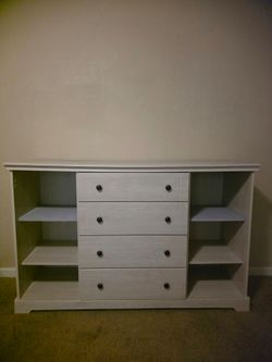 Ligh Gray Wood Dresser with Side Shelves