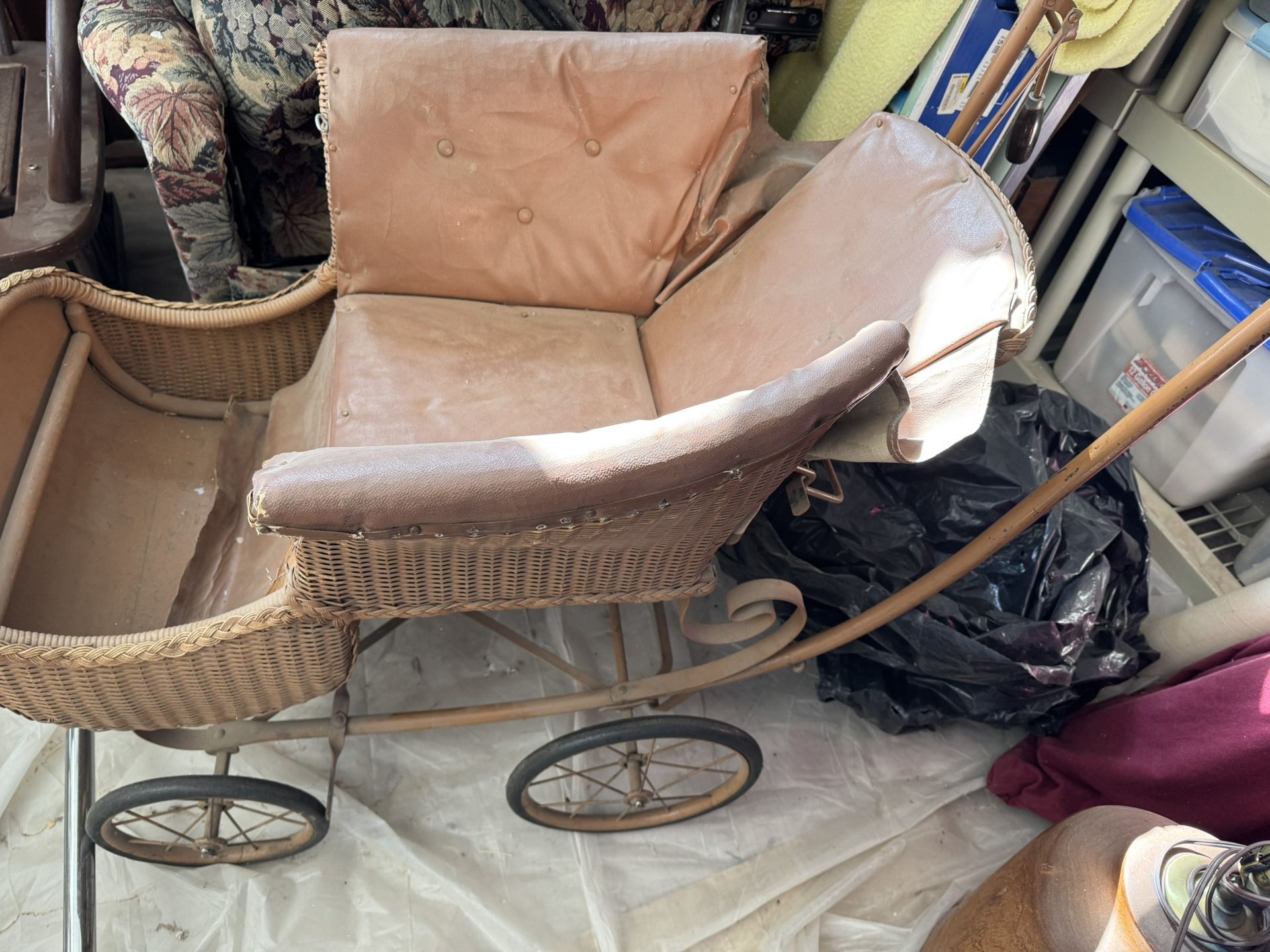 Antique Wicker And Leather Baby Stroller