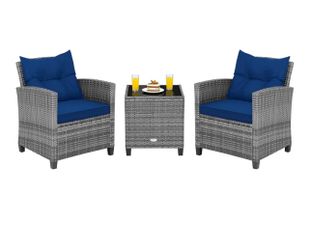 COSTWAY 3-Piece Patio Furniture Set, Outdoor Wicker Rattan Sofa with Cushions, Coffee Table with Tempered Glass, Conversation Sofa Set for Poolside Ba