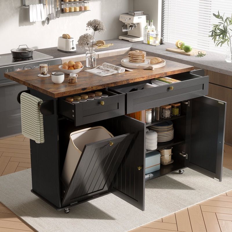 60.2"W Kitchen Island with Two Large Storage Cabinets And Drawers, Locking Wheels