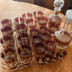 Vintage Mid Century Glass Set — Culver Scroll Cranberry 22k Gold — *25 Pieces Total Includes Metal Carrier/Caddy