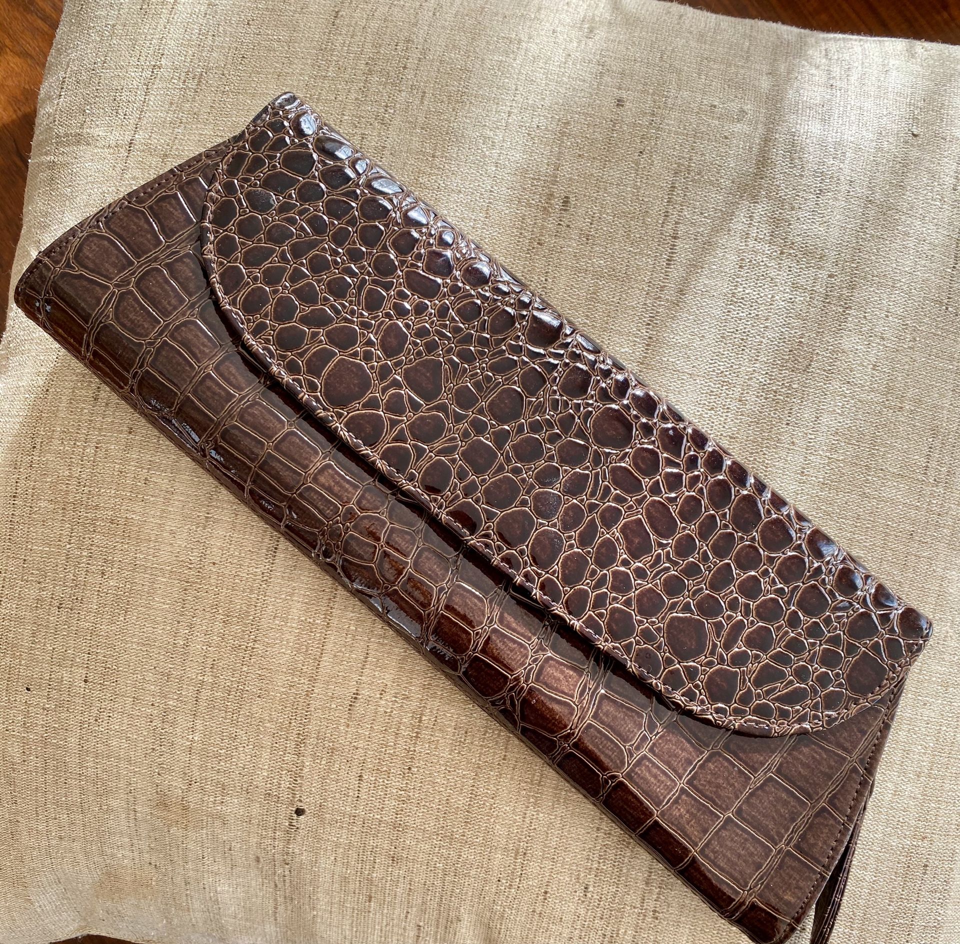 Chocolate Brown Faux Croc Clutch