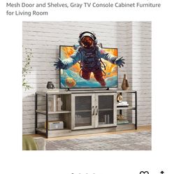 TV Stand for 65+ Inch TV, Industrial Entertainment Center TV Media Console Table, Farmhouse TV Stand with Storage, Mesh Door and Shelves, Gray TV Cons