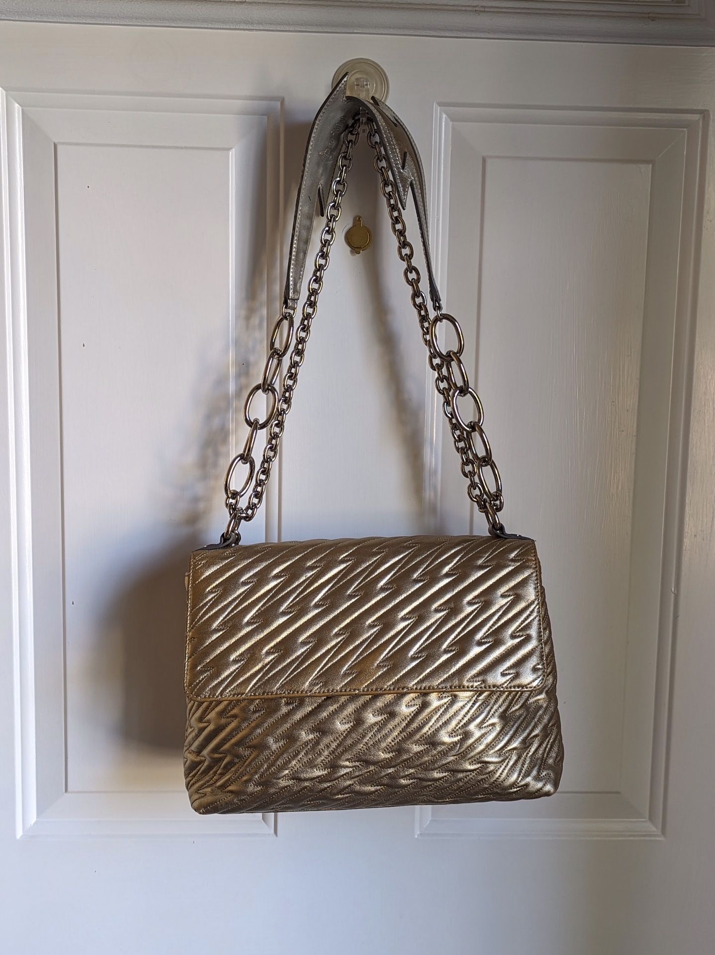 Vivienne Westwood Gold Leather Coventry Medium Lightning Bolt Bag with Chain Strap