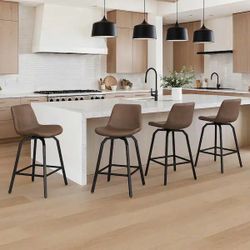 Set Of 4 Dennis 37 in. Faux Leather Bar Stools Metal Frame With Upholstered Swivel Counter Height Bar Stools in Brown