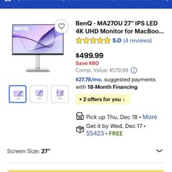 BenQ 27 Inch 4K UHD Display Monitor New 
