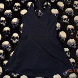 Dark Blue Mini Babydoll Corset Workout Dress With Biker Shorts, Side Pockets And Criss Cross Back Straps