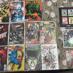 a collection of Marvel comic books and trading cards.
