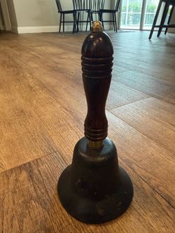 Vintage cast iron School Bell Wooden Handle 9.5”