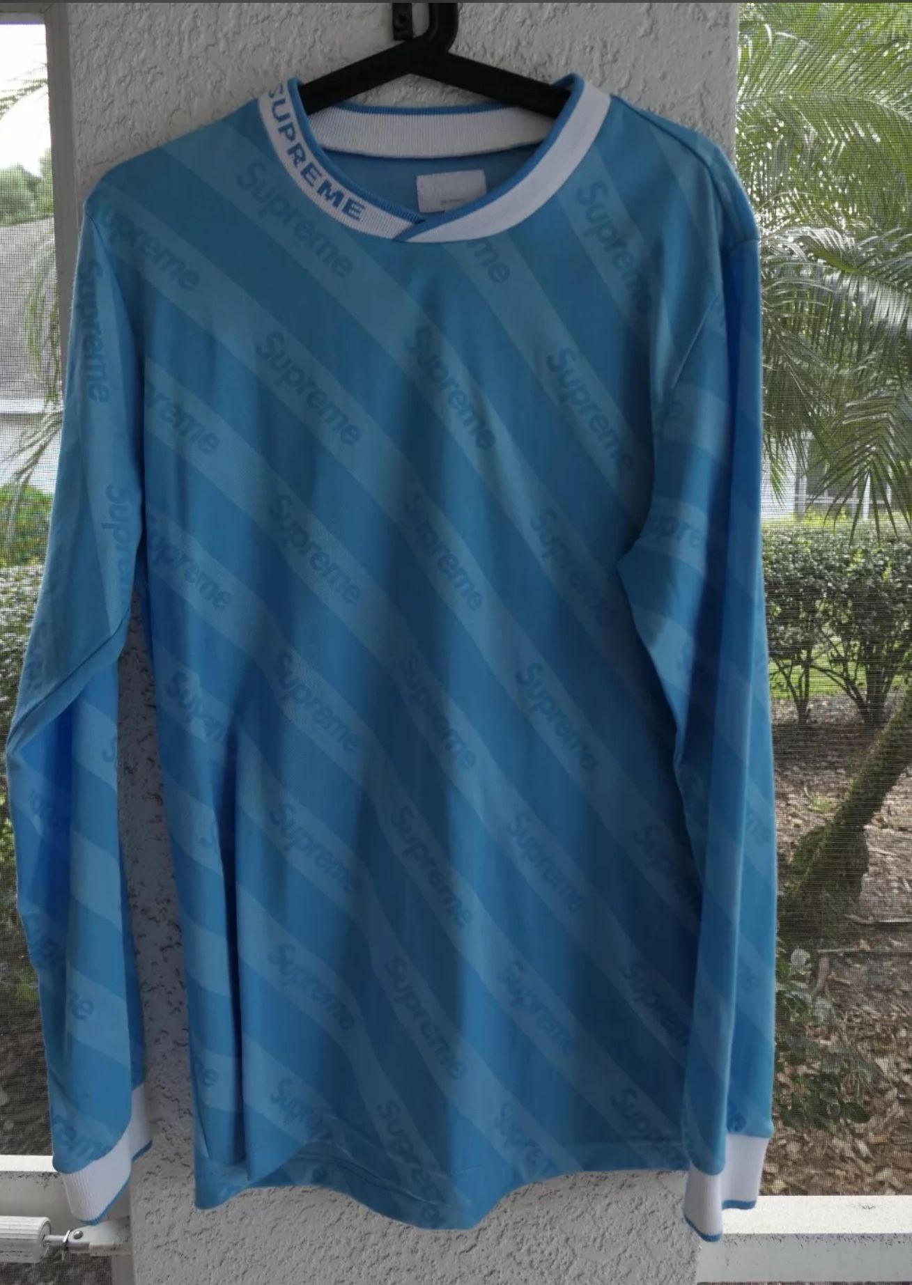 Supreme Diagonal Logo Soccer Long Sleeve Mens Medium Baby Blue