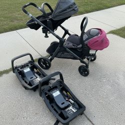 Evenflo Pivot Xpand Double Stroller with Two Carriages and Two Car Bases! Good condition! 