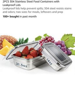 2PCS 304 Stainless Steel Food Containers with Leakproof Lids