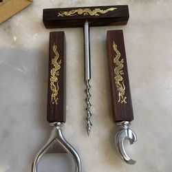 Vintage 3 Piece Stainless Steel Barware Mid Century Wood Handle Gold Embossed Dragon Bar Tools