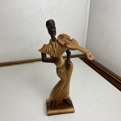 Hand Carved Wooden Figure Black Woman Violinist Folk Art 10in