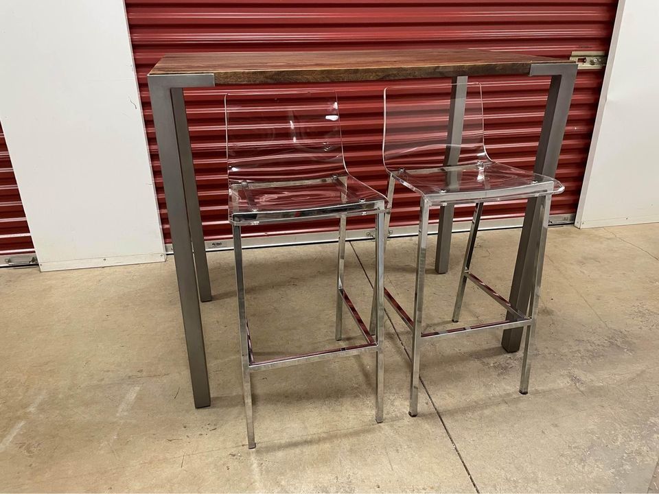 Stilt 42" High Dining Table and Set of Clear Stools