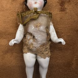 Antique Porcelain China Doll Germany Gold Lace Dress 